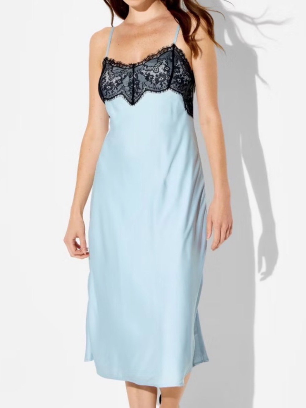 NWT Wild Fable Light blue Lace Trim Satin Midi A-Line Dress Size M